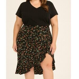 Shein Curve plus size skirt asymmetrical floral print high slit ruffle trim 0XL